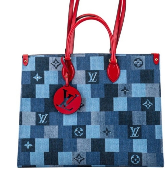 ❗️SOLD❗️2×🎉HP🎉Louis Vuitton Denim Damier Monogram Blue Rouge Onthego GM - Picture 6 of 16